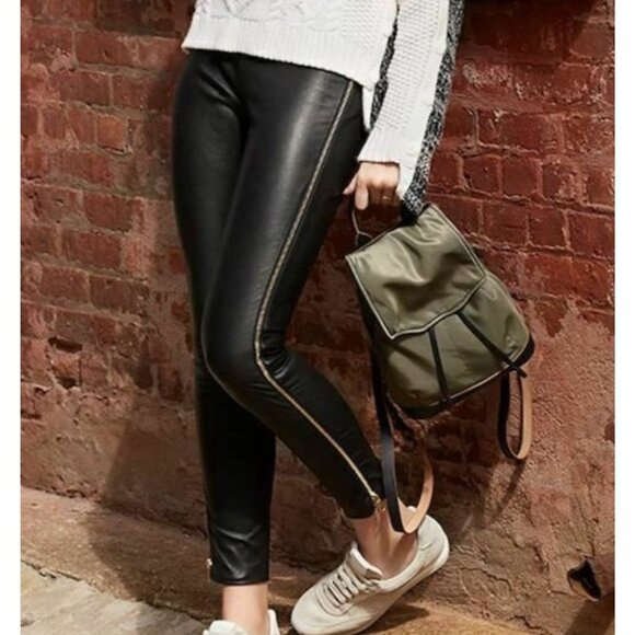 Rag‎ & Bone Chatel Lamb Leather Gold Side Zipper  Skinny Pant Black Size 4 - Picture 1 of 9